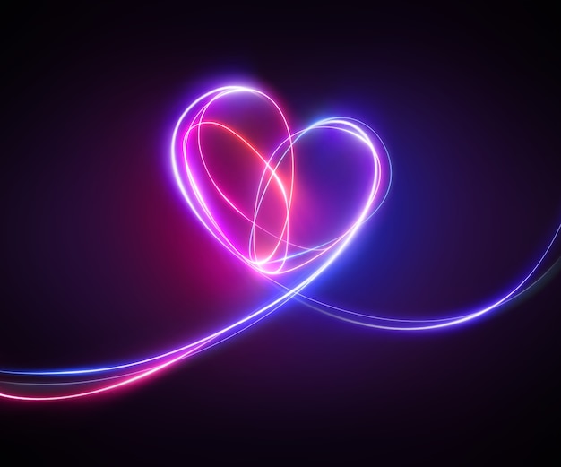 Violet pink neon light drawing of abstract heart doodle