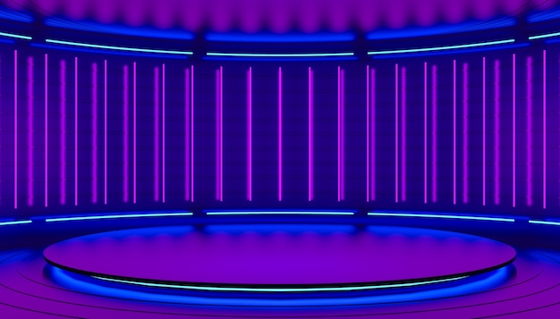 紫のピンクと紫のミニマルな抽象的な3d背景円形表彰台ステージ3dイラストの壁にランプからのネオン光