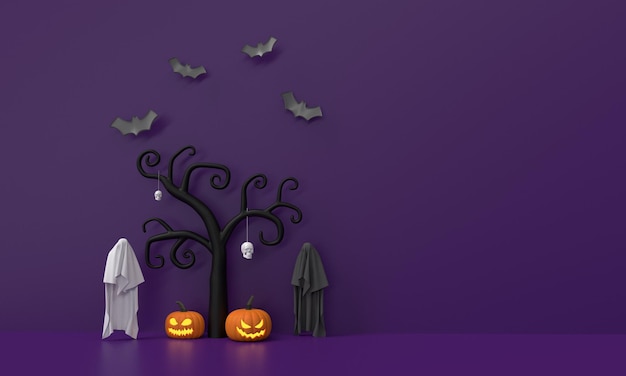 violet purple color background wallpaper copy space tree dead bat pumpkin orange yellow ghost symbo