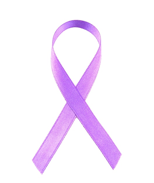 Photo violet ribbon isolated on white family violence alzheimer disease and pancreas cancer concept