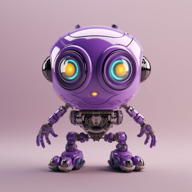 a violet robot with big eye traveling around playful