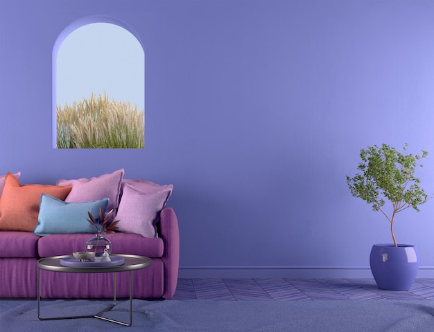 Violet room Very Peri Sofa with pillows and arch window Modern design interior