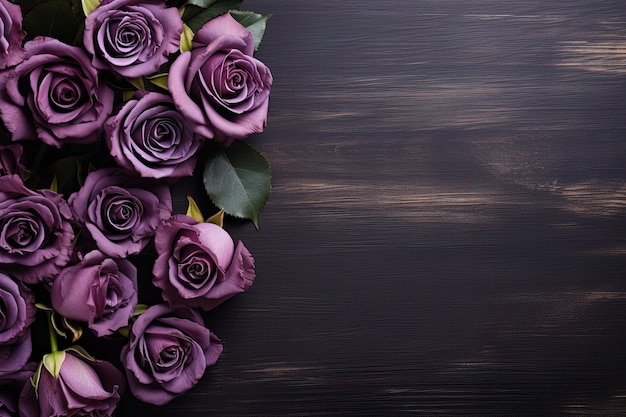 violet roses frame on dark wooden board background top view beautiful floral template with copy space