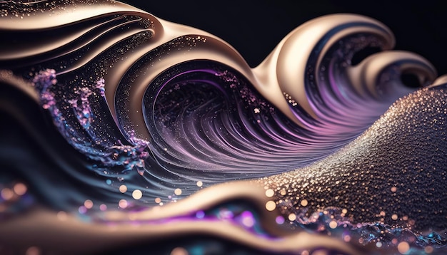 Фиолетовые гладкие жидкие волны и блестящие частицы абстрактного фона Генеративный AI