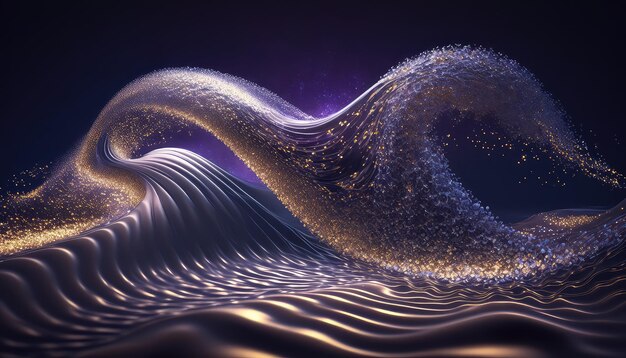 Violet smooth liquid waves and shiny particles abstract background Generative AI