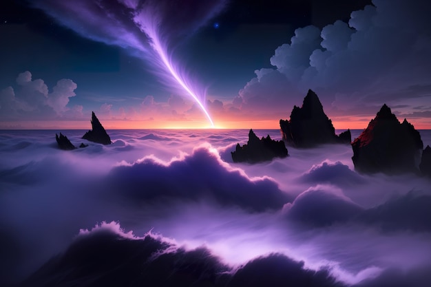 Violet sun raging sea clouds purple sky background