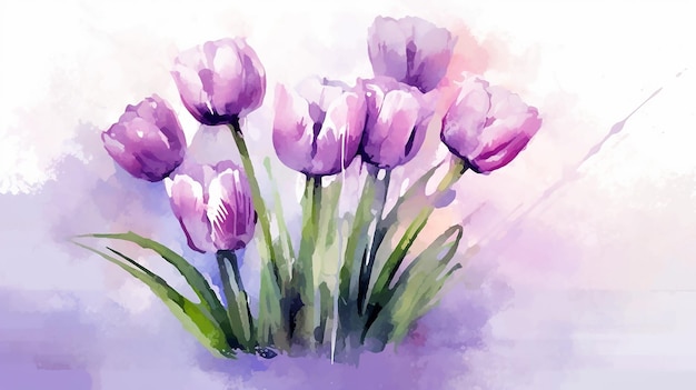 Violet watercolor tulips illustration AI Generative Generative AI