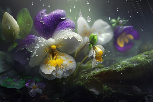 雨の中で紫と黄色の花をクローズ アップ
