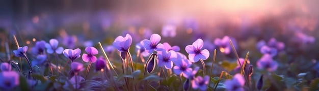 Violets Field On Blurred Sunrise Background Banner For Web Generative AI