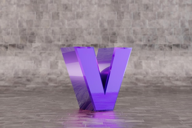 Violette 3d letter V kleine letters. Glanzende indigo brief op tegel achtergrond. Metallic alfabet met studio lichtreflecties. 3D-gerenderde lettertype karakter.