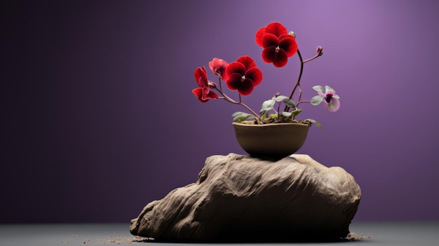 Violette en rode Pansy Bonsai boom op de rots minimalistische Japanse stilleven