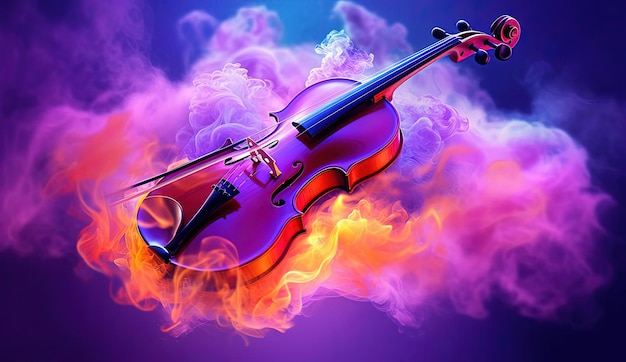 A violin burning in smoke in the style of violet