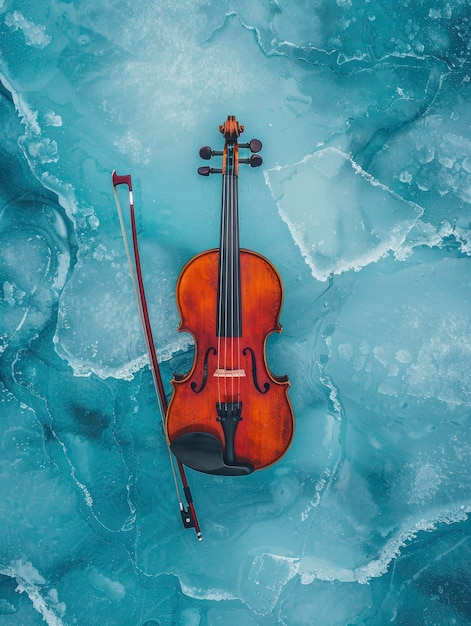 A violin in the center of a frozen lake