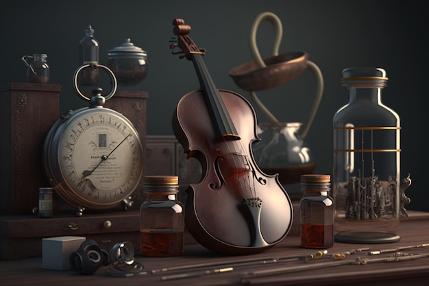 A violin and a clock on a table with a clock on it.