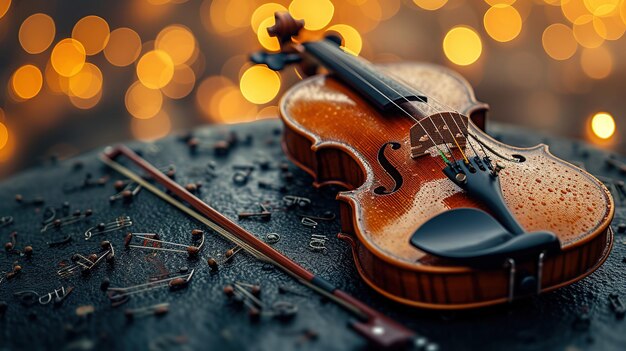 Violin on a dark background with bokeh