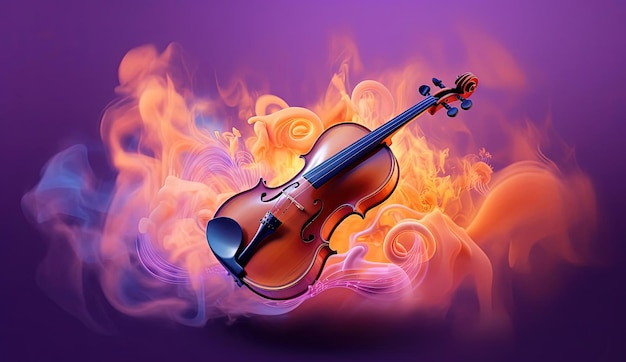 violin dart 3d wallpaper with a background of smoke in the style of dark orange and violet