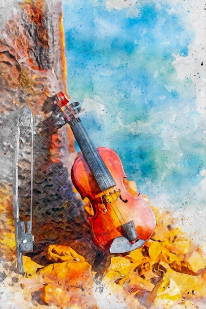 Художественный акварельный рисунок скрипки