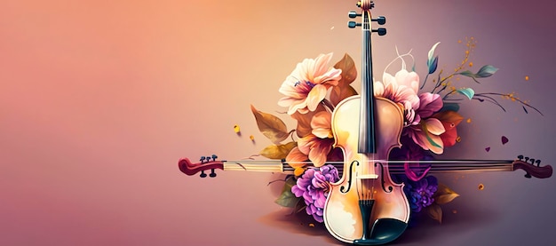 Photo a violin and flowers with a pink background