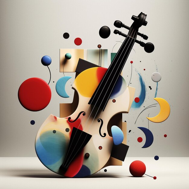 A violin is in front of a white background with a red and blue circles