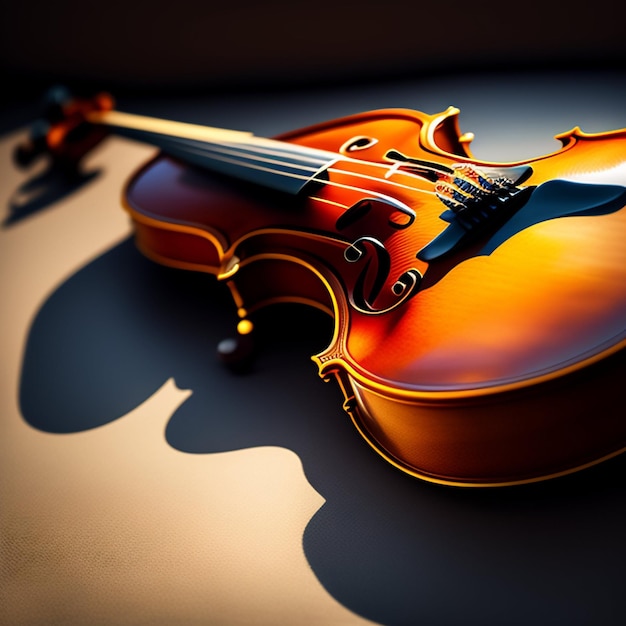 A violin is laying on a table with the word the word on it