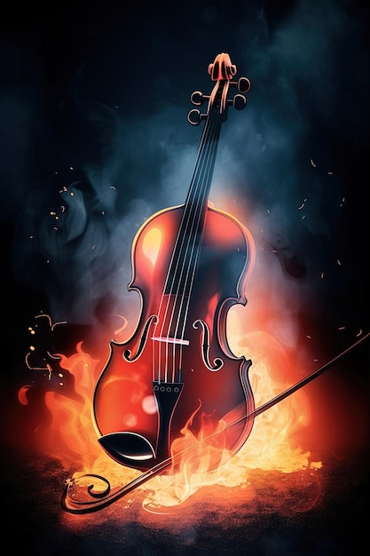 A violin is lit up by a fire with the word violin on it.