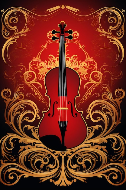 A violin is shown on a black background with a gold pattern