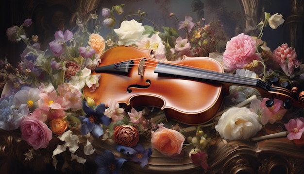 Foto un violino è circondato da fiori