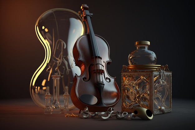 A violin and a lantern are on a table.