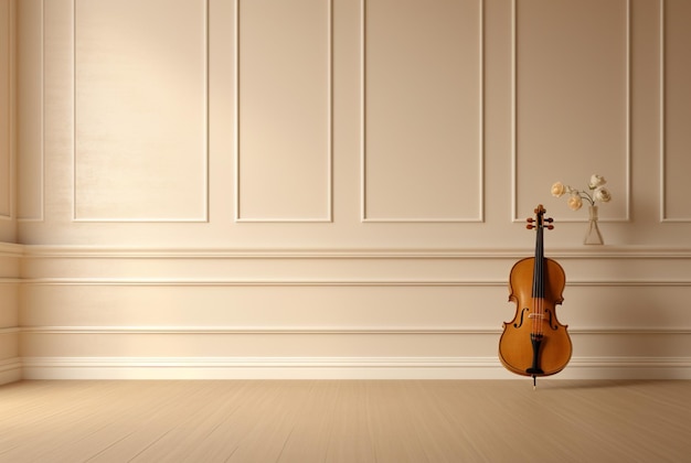 Violin leaning against wall on background with stripes