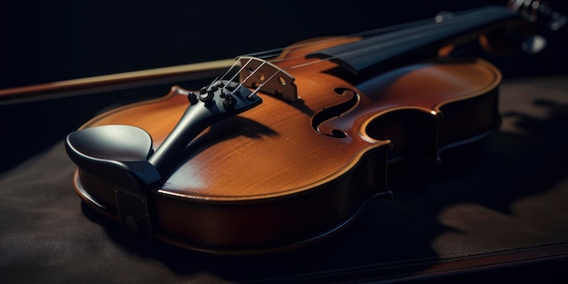 Foto un violino giace su uno sfondo nero.