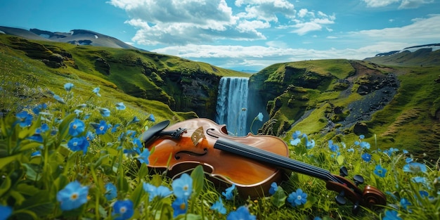 Скрипка лежит равномерно на травяном холме с голубыми цветами и водопадом голубое небо с белыми облаками