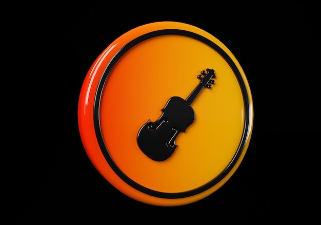 Violin media button buttons Shiny icon with yellow frame and with reflection  3d illustration on black background