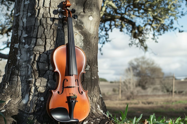 Violin propped against an old oak tree