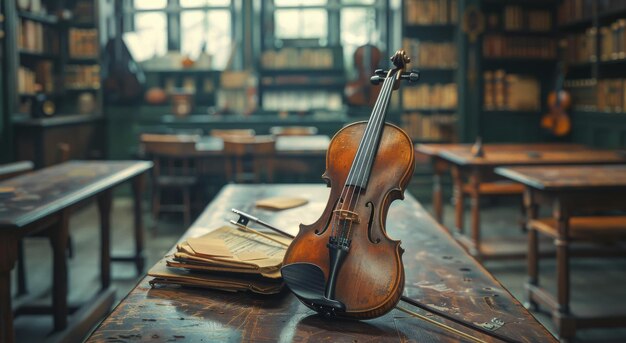 Violin Resting on Wooden Table