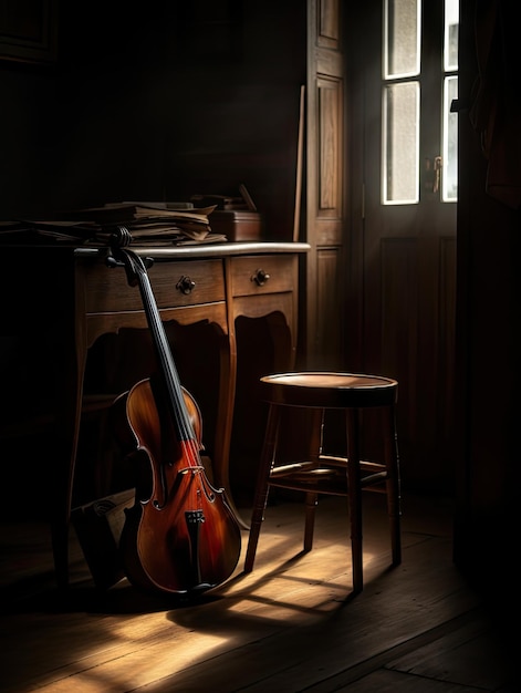 A violin rests in a sun lighted room