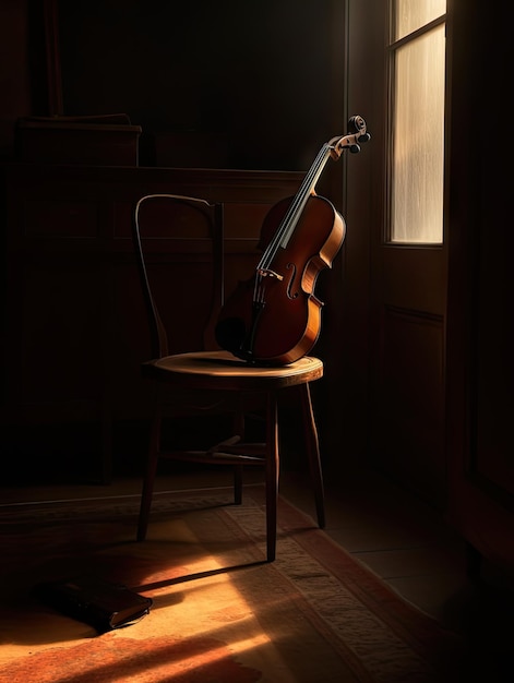 A violin rests in a sun lighted room