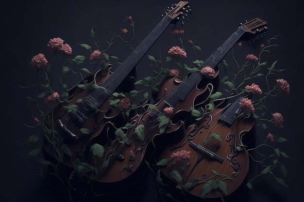 A violin and a rose bush are laying on a dark background.