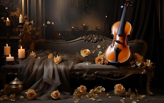 a violin sits on a bed with flowers in the background.