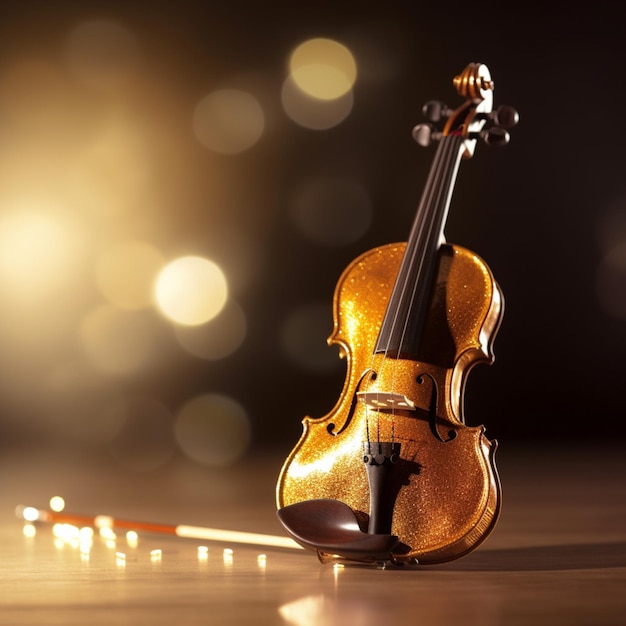 A violin sits on a wooden floor with a red string in the foreground