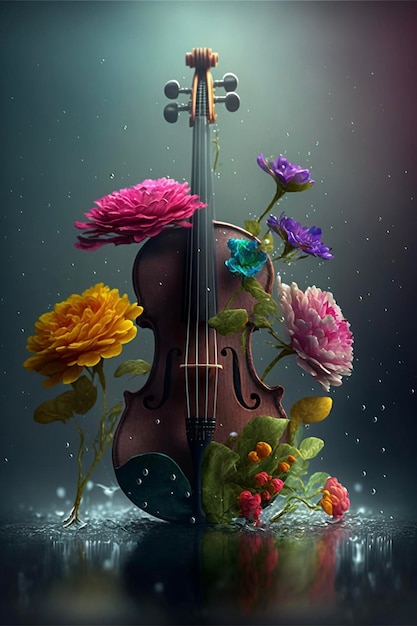 Violin sitting on top of a table covered in flowers generative ai