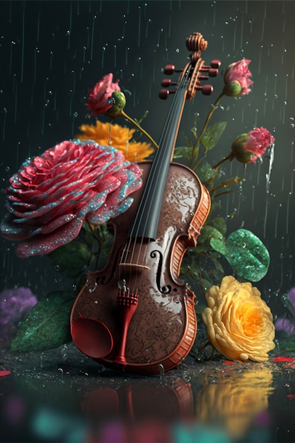 Violin sitting on top of a table next to flowers generative ai