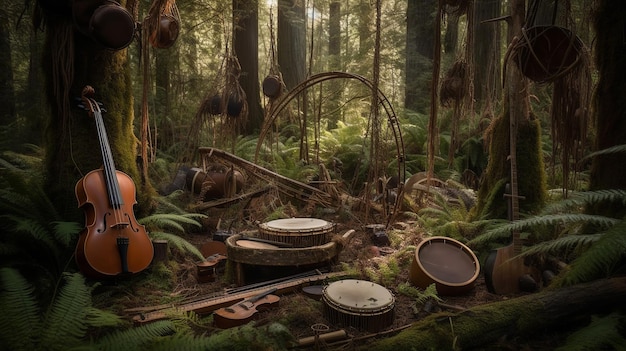 ヴァイオリンと様々な楽器が森の静けさの中で調和している