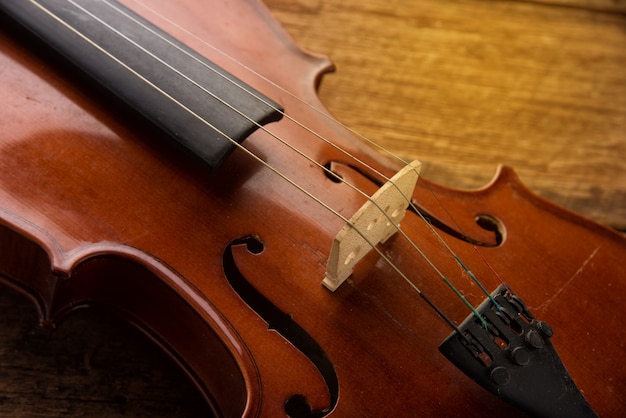 Violin in vintage style on wood background