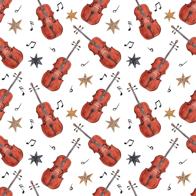 Violin watercolor hand drawing seamless pattern