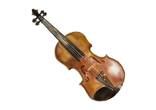 Акварельная иллюстрация скрипки на белом фоне