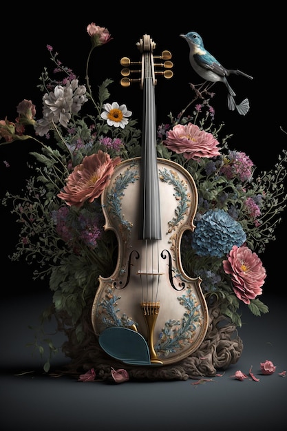 A violin with a blue bird on it sits in a flower arrangement.