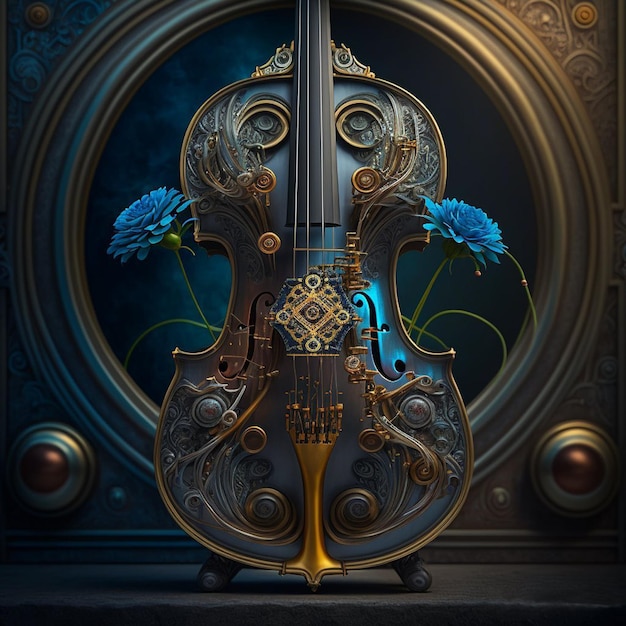 A violin with blue flowers is sitting in front of a wall with a violin on it.