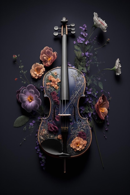 Photo a violin with flowers on it and the word violin on the bottom.