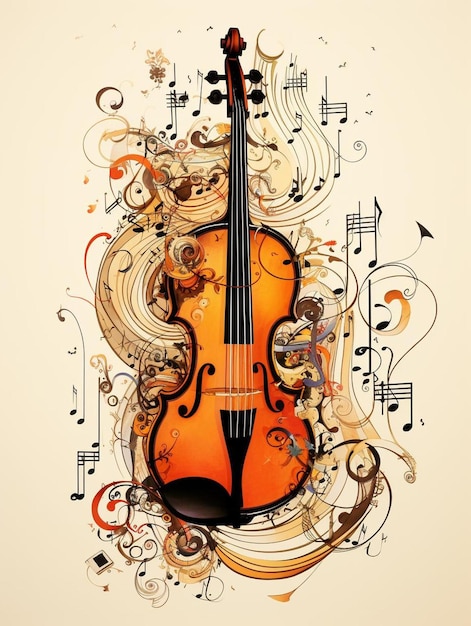 a violin with music notes and a picture of a violin.