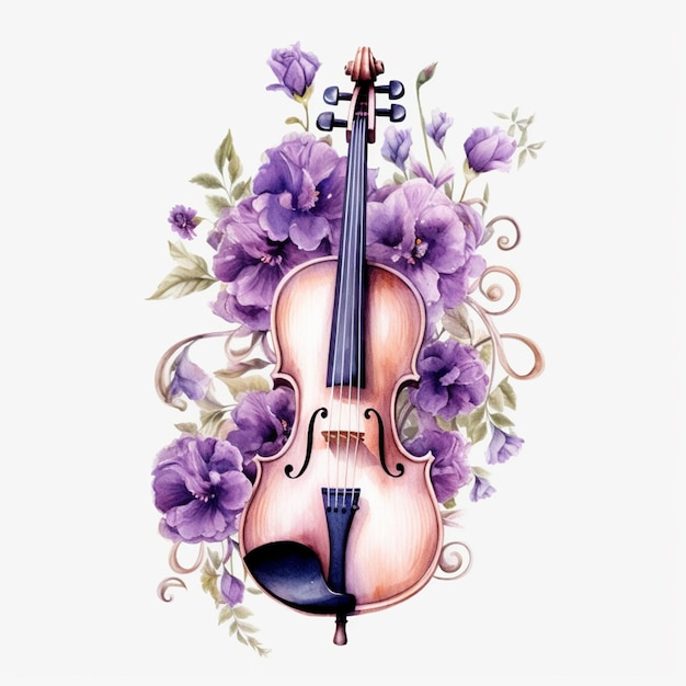 Foto un violino con sopra dei fiori viola